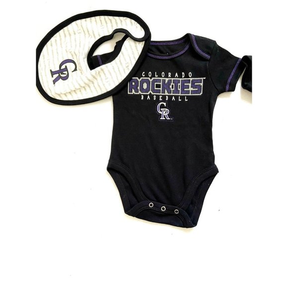 2pk NWT MLB Colorado Rockies Short Sleeve Baby's  Bodysuit 0-3M with Bib, Black - Picture 4 of 4